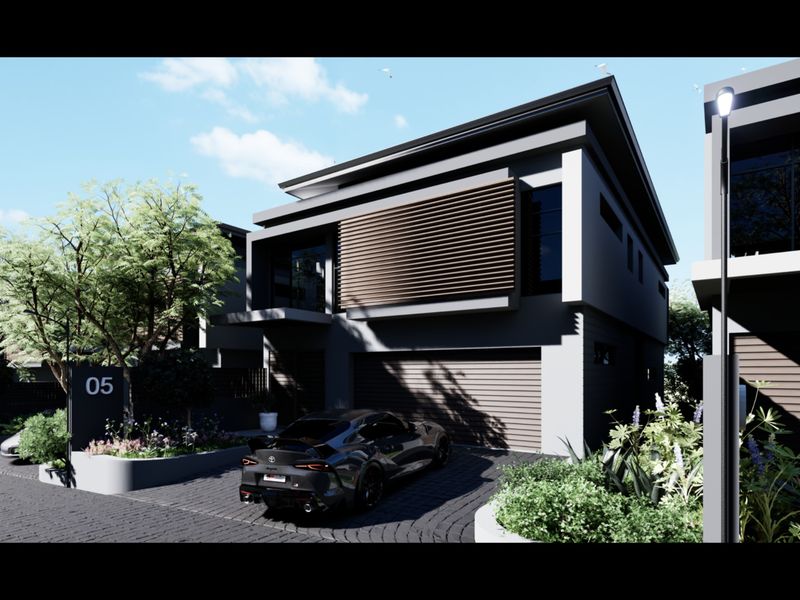Modern townhouse exterior featuring a sleek dark facade, integrated double garage, paved driveway, and contemporary architectural louvers.