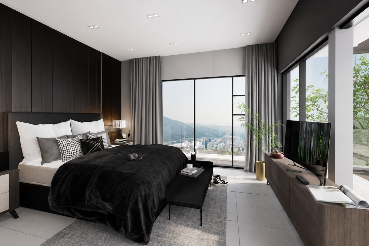 Modern bedroom featuring dark wood feature wall paneling, floor-to-ceiling windows with panoramic views, and direct access to a private balcony.