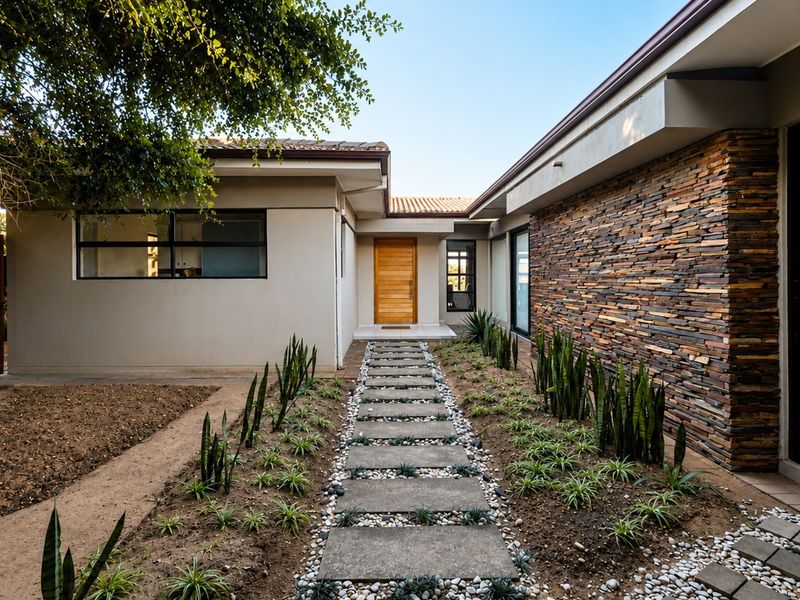 Modern home entrance featuring a stone-clad feature wall, timber front door, and a landscaped concrete paver walkway leading to the main entry.