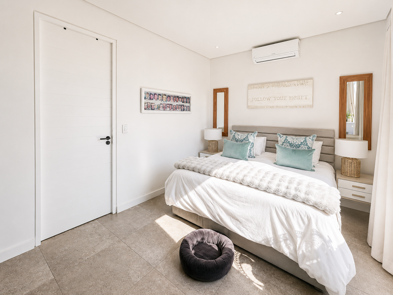 A well-maintained bedroom featuring neutral tiled flooring, recessed lighting, and a wall-mounted split-system air conditioning unit.