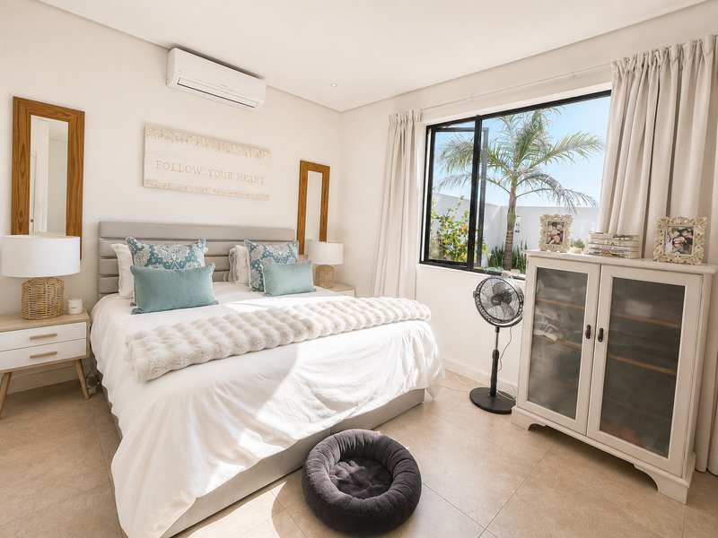 A bright and well-maintained bedroom featuring tiled flooring, a split-system air conditioner, and a large window overlooking the garden.