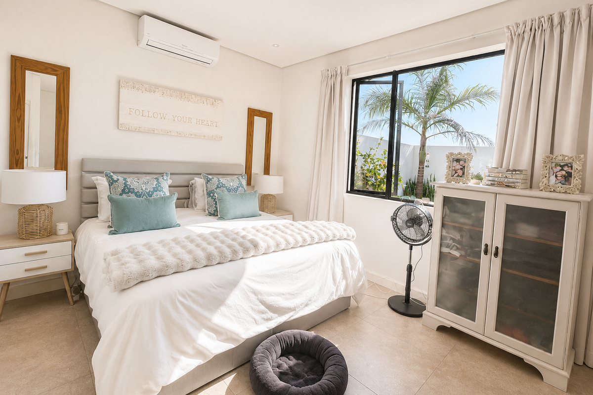 A bright and well-maintained bedroom featuring tiled flooring, a split-system air conditioner, and a large window overlooking the garden.