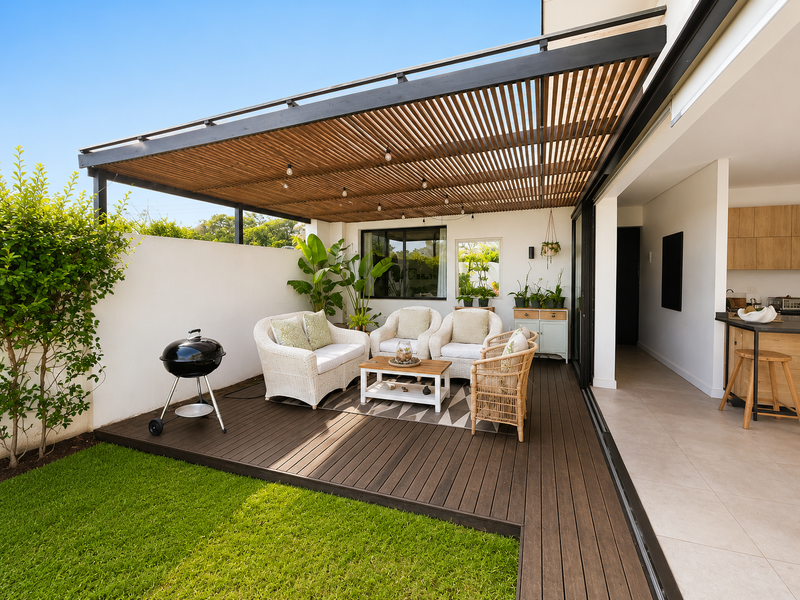 A modern covered patio featuring timber decking and a slatted pergola, seamlessly connecting to the interior living space through large sliding glass doors.