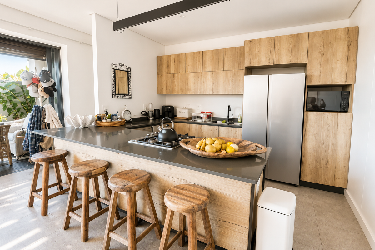 Modern kitchen featuring light wood cabinetry, stone countertops, a gas hob, and a breakfast bar, seamlessly connected to an outdoor patio area.
