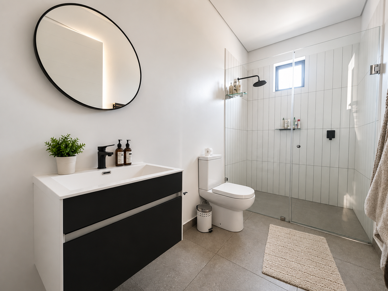 Modern bathroom featuring a sleek wall-mounted vanity, walk-in shower with glass screen, black fixtures, and contemporary vertical wall tiling.