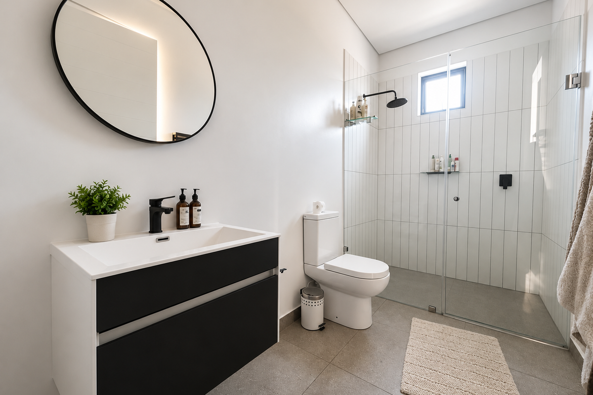 Modern bathroom featuring a sleek wall-mounted vanity, walk-in shower with glass screen, black fixtures, and contemporary vertical wall tiling.