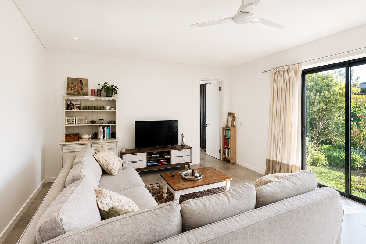 A bright and well-maintained living room featuring tiled flooring, a ceiling fan, and large sliding glass doors providing access to the garden.