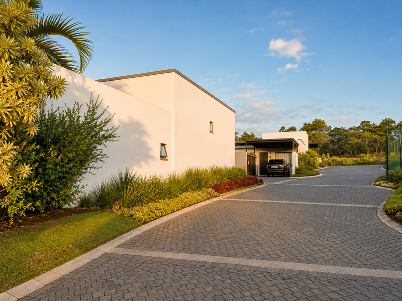 A modern townhouse exterior featuring a paved driveway, landscaped garden, and a covered carport area.