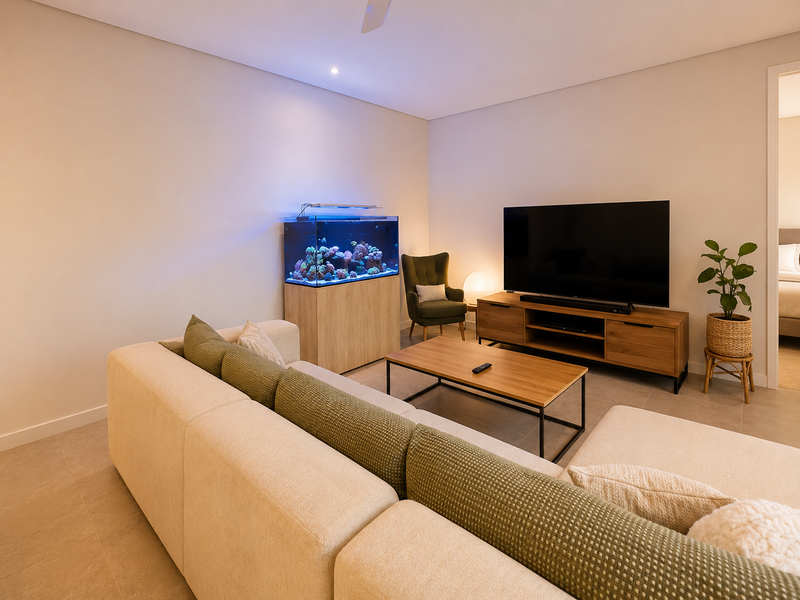 A well-maintained living room featuring neutral tiled flooring and recessed ceiling lighting, offering a clean and modern aesthetic.