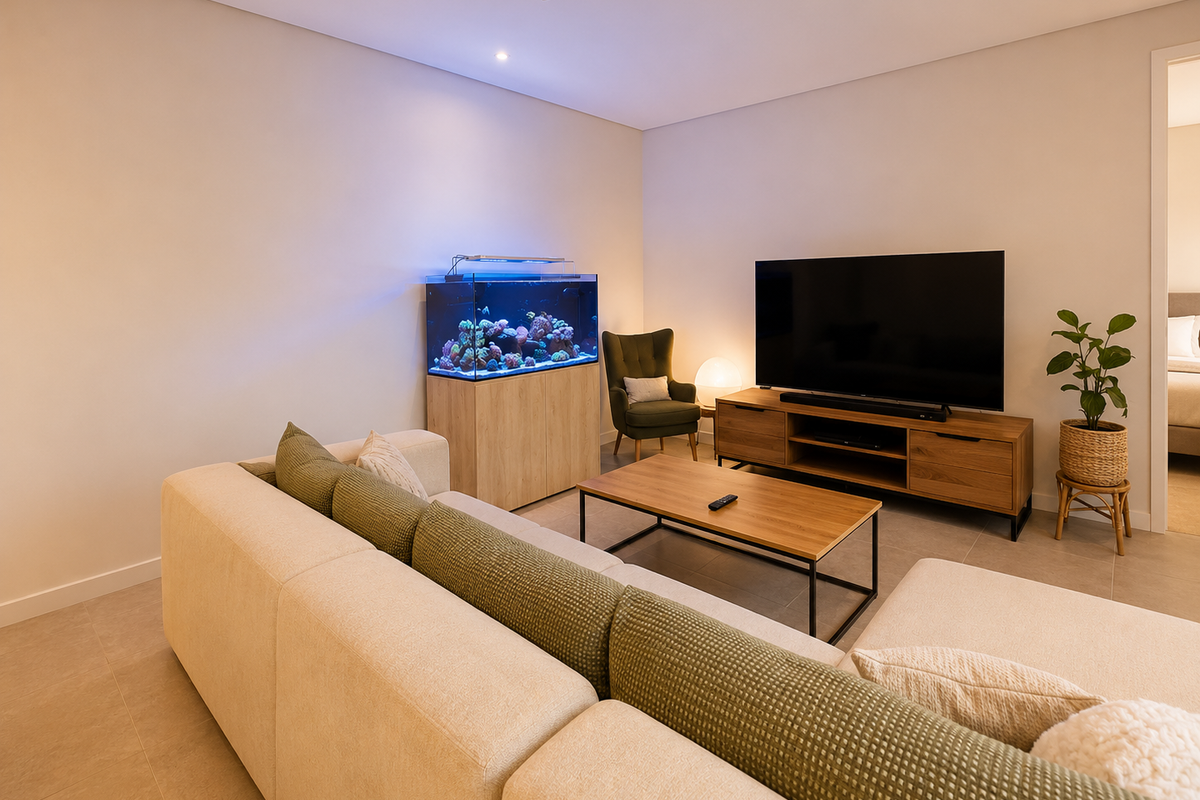A well-maintained living room featuring neutral tiled flooring and recessed ceiling lighting, offering a clean and modern aesthetic.