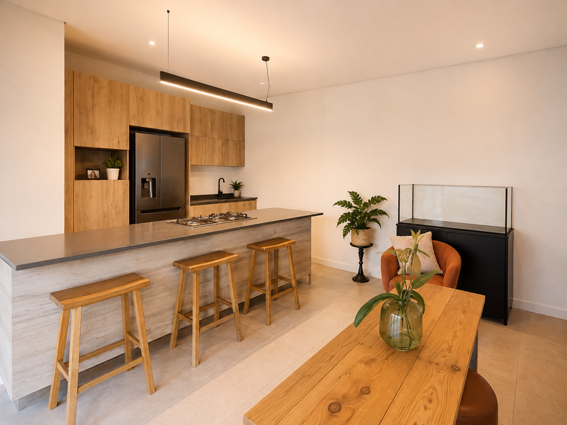 Modern open-plan kitchen featuring light wood cabinetry, stone countertops, a gas cooktop, and integrated appliances, seamlessly flowing into the dining area.