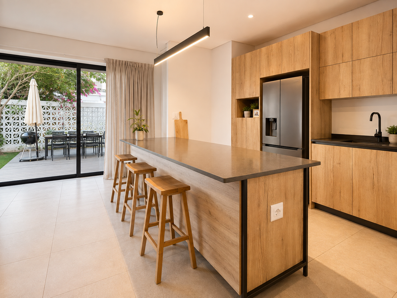 Modern open-plan kitchen featuring wood-finish cabinetry, a central island with breakfast bar, and seamless access to the outdoor patio through sliding glass doors.