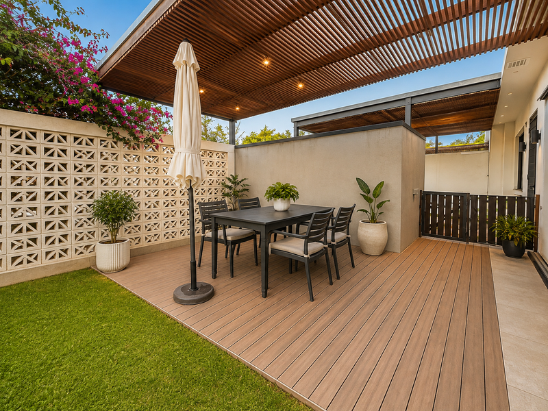 A modern outdoor patio featuring a timber slat pergola, composite decking, and a decorative breeze block wall, perfect for alfresco dining.