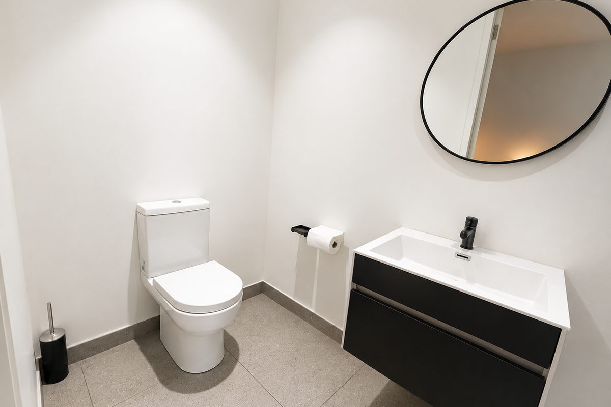 A modern, minimalist powder room featuring a wall-hung vanity with a black basin mixer, a sleek toilet, and neutral floor tiles.