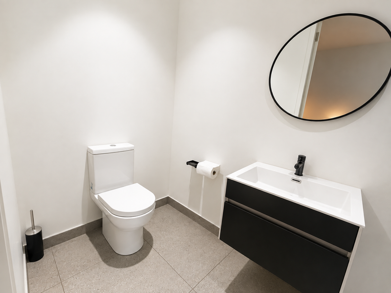 A modern, minimalist powder room featuring a wall-hung vanity with a black basin mixer, a sleek toilet, and neutral floor tiles.