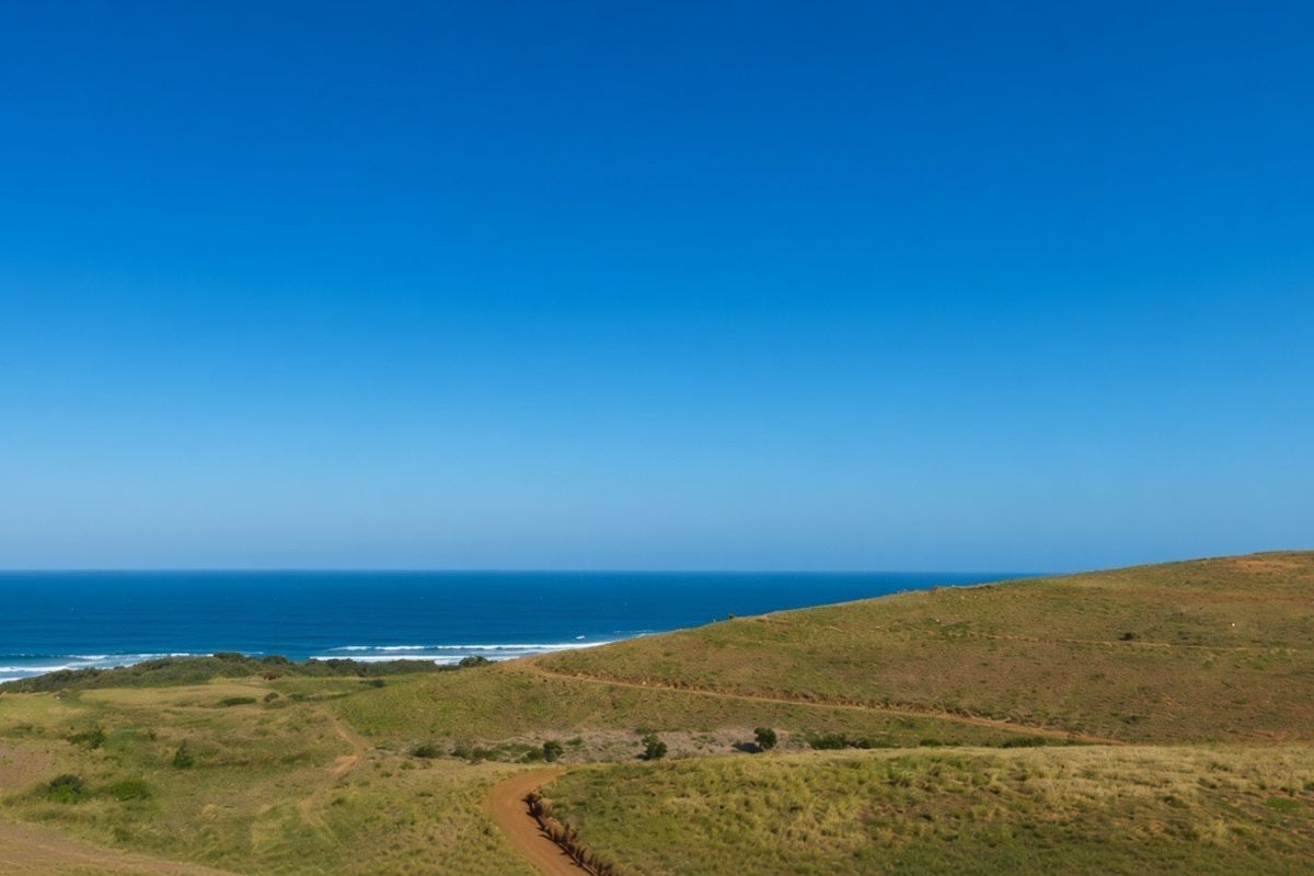 A scenic elevated view of the coastal landscape and ocean, showcasing the natural terrain of the vacant residential land.