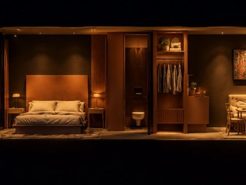Modern luxury bedroom suite featuring integrated wardrobe storage, recessed lighting, and expansive floor-to-ceiling glass walls offering panoramic city views.