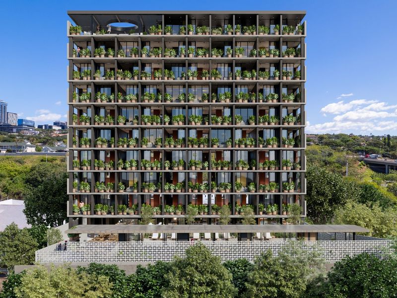 Modern high-rise apartment building featuring a distinctive grid facade with integrated planter boxes and extensive glass balconies.