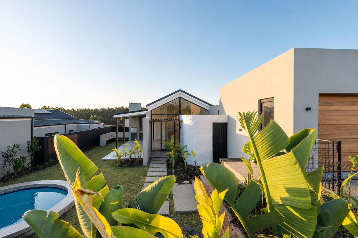 Modern rear exterior featuring a swimming pool, landscaped garden, covered patio with built-in braai, and contemporary architectural design with clean lines.