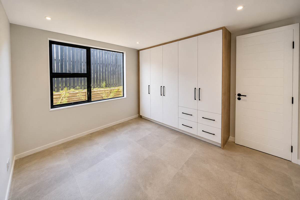 A bright, modern bedroom featuring neutral tiled flooring, recessed downlights, and a large built-in wardrobe with white cabinetry and black hardware.