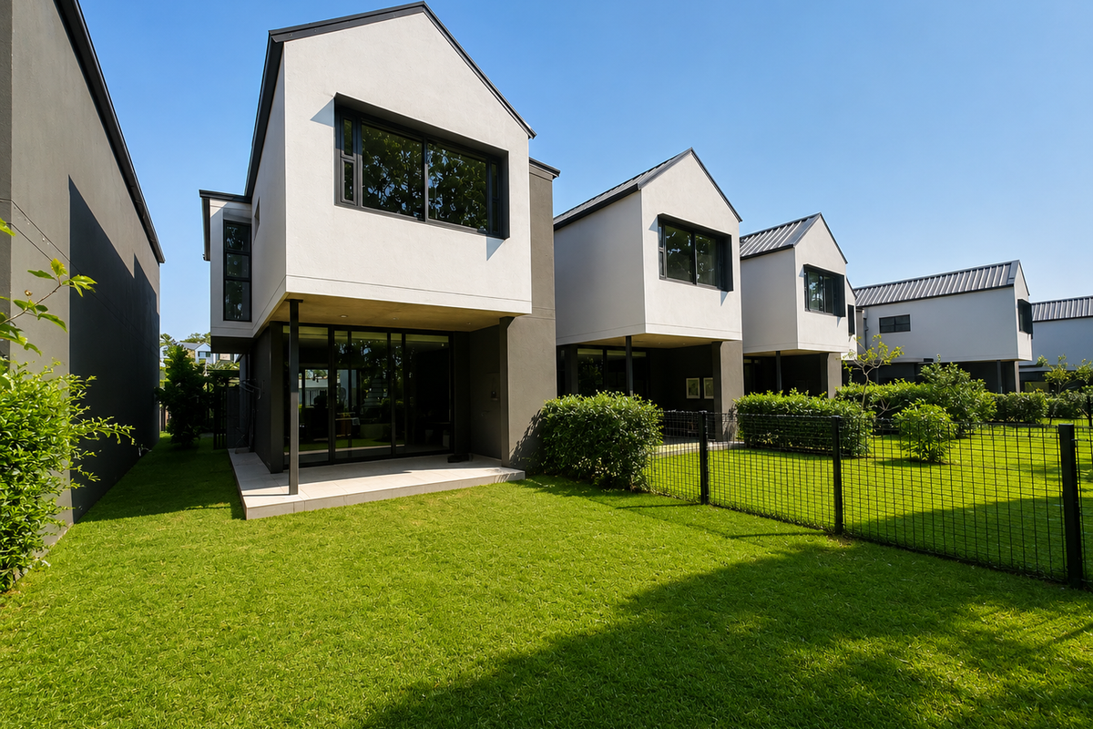 Rear view of modern townhouse units featuring private tiled patios, manicured lawns, and secure perimeter fencing.