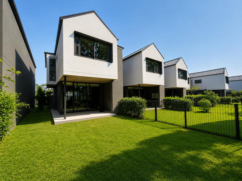 Rear view of modern townhouse units featuring private tiled patios, manicured lawns, and secure perimeter fencing.