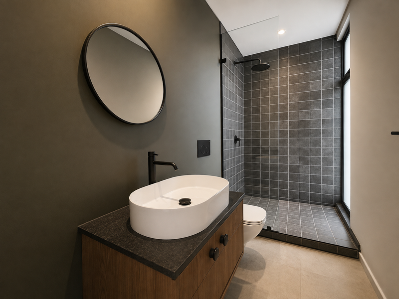 Modern bathroom featuring a sleek vanity with vessel sink, wall-mounted faucet, and a spacious walk-in shower with dark tiled finishes.