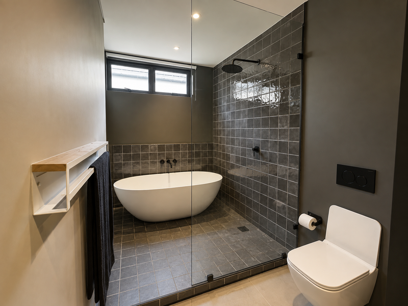 Modern bathroom featuring a sleek freestanding bathtub, a spacious walk-in shower with dark tiling, and a wall-mounted toilet with contemporary matte black fixtures.
