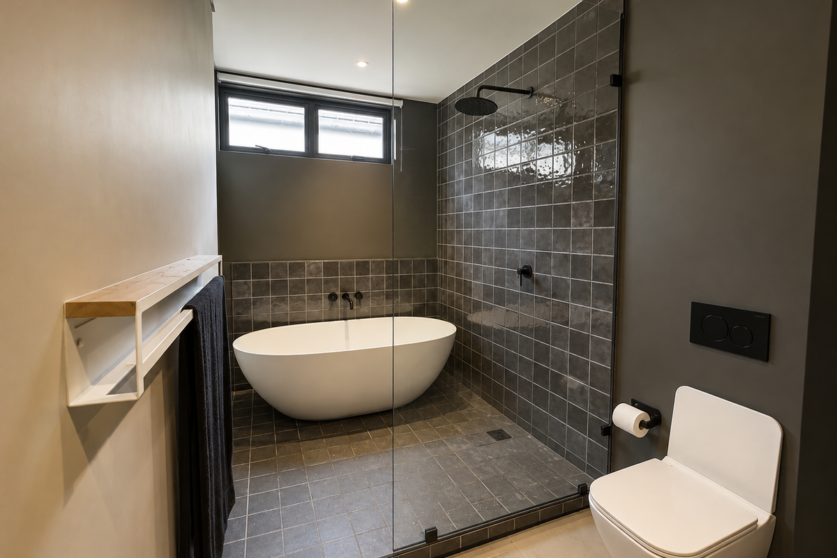 Modern bathroom featuring a sleek freestanding bathtub, a spacious walk-in shower with dark tiling, and a wall-mounted toilet with contemporary matte black fixtures.