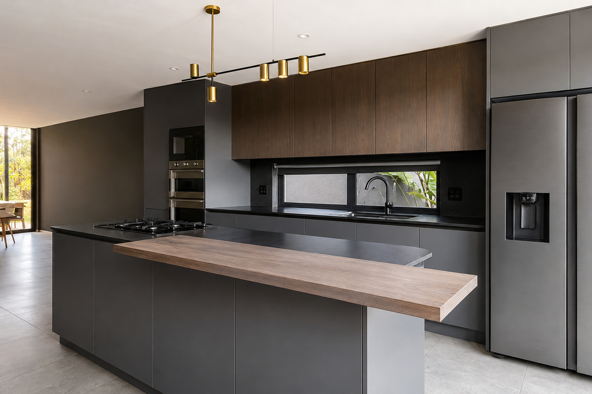 Modern kitchen featuring dark matte cabinetry, a central island with a breakfast bar, integrated appliances, and high-end finishes throughout.
