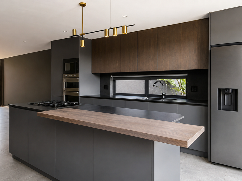 Modern kitchen featuring dark matte cabinetry, a central island with a breakfast bar, integrated appliances, and high-end finishes throughout.