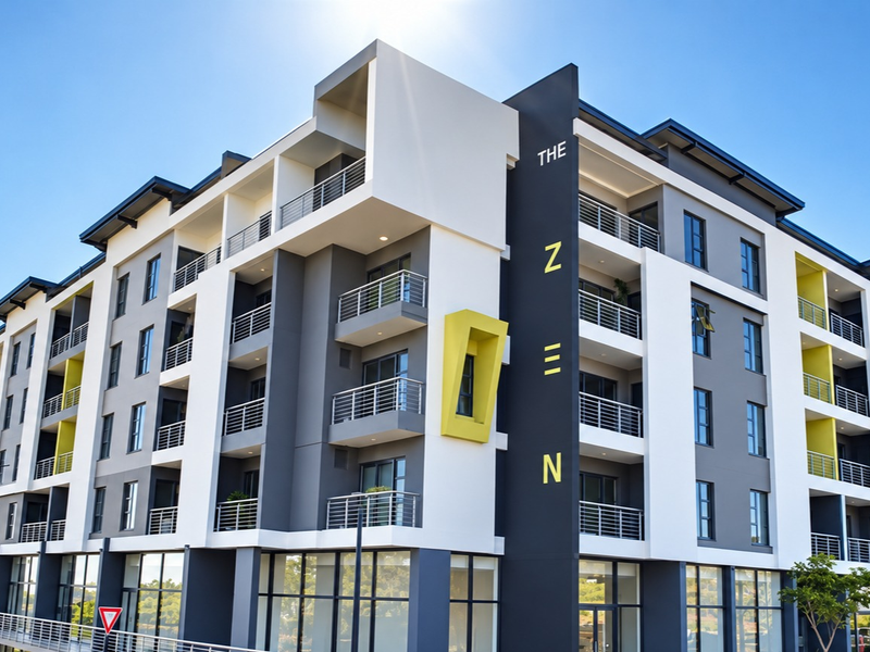 Modern multi-story apartment building featuring contemporary architectural design, private balconies with metal railings, and extensive ground-floor glass storefronts.