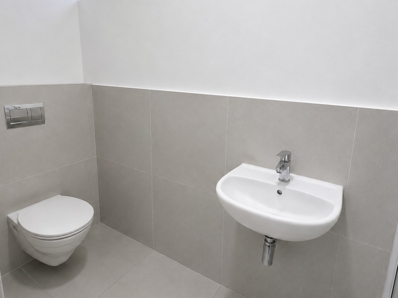 A modern, minimalist bathroom featuring a wall-mounted toilet with a concealed cistern and a sleek wall-mounted basin with chrome fixtures.