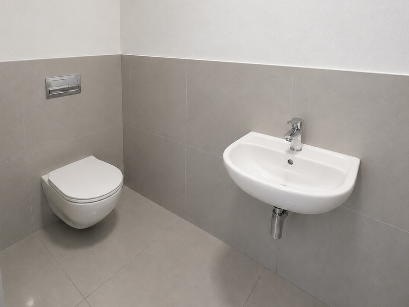 A modern, minimalist bathroom featuring a wall-mounted toilet with a concealed cistern and a sleek wall-mounted basin with chrome fixtures.