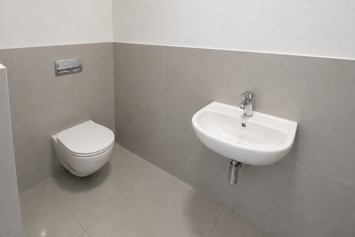 A modern, minimalist bathroom featuring a wall-mounted toilet with a concealed cistern and a sleek wall-mounted basin with chrome fixtures.