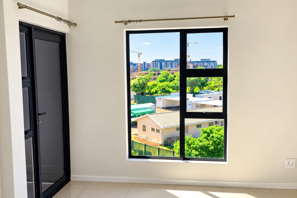 A bright, empty bedroom featuring modern black aluminium window and door frames, neutral tiled flooring, and a pleasant exterior view.