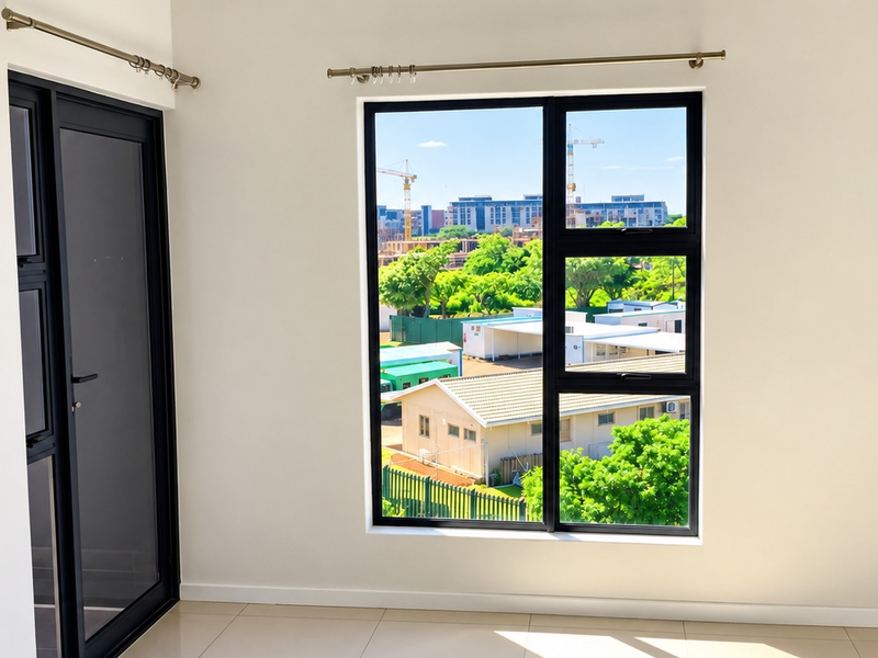 A bright, empty bedroom featuring modern black aluminium window and door frames, neutral tiled flooring, and a pleasant exterior view.