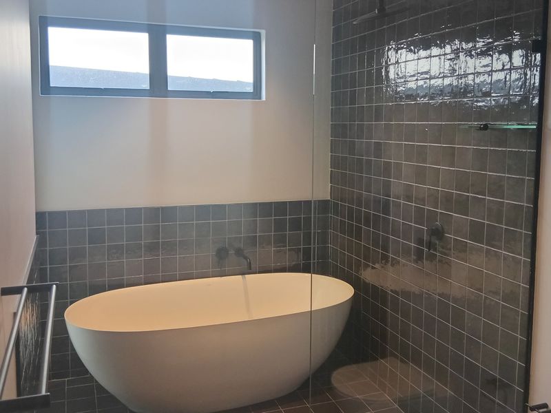 Modern bathroom featuring a sleek freestanding bathtub, a spacious walk-in shower with dark tiled walls, and contemporary matte black fixtures.