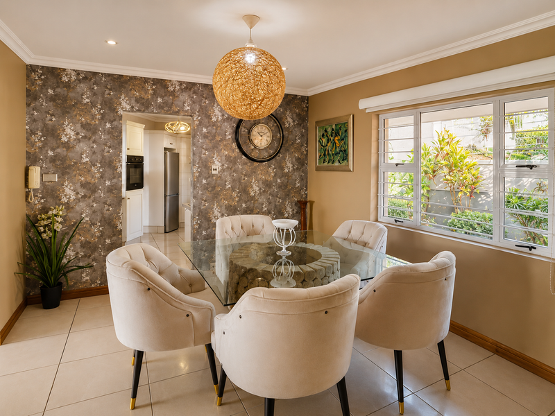 A well-lit dining room featuring tiled flooring, a decorative wallpaper accent wall, and large windows with security bars, offering a view of the garden.