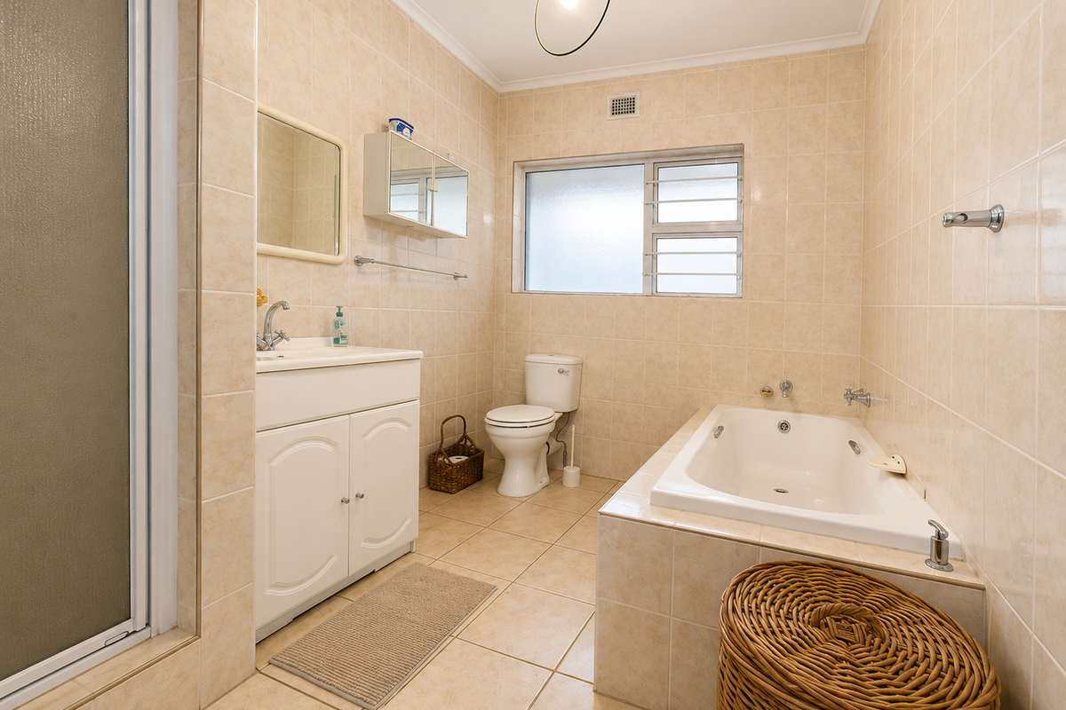 A functional bathroom featuring a built-in vanity, bathtub, separate shower enclosure, and neutral wall and floor tiling.