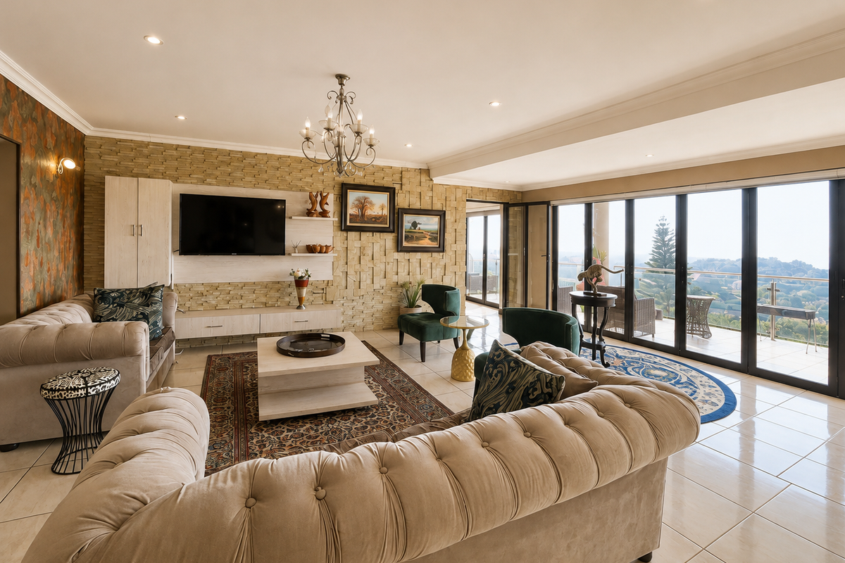 Spacious living room featuring a stacked stone accent wall, tiled flooring, and large bi-fold glass doors opening to a scenic balcony.