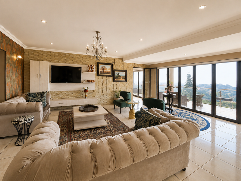 Spacious living room featuring a stacked stone accent wall, tiled flooring, and large bi-fold glass doors opening to a scenic balcony.