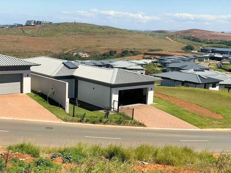 A view of a modern residential property featuring a paved driveway, garage, and metal roof, situated within a developed estate.