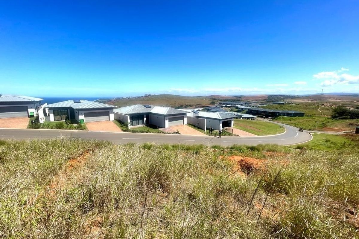 A wide-angle view of a residential estate featuring modern homes, paved roads, and surrounding coastal landscape.