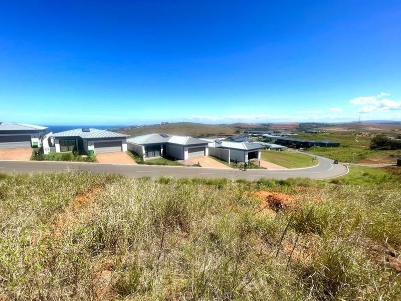 A wide-angle view of a residential estate featuring modern homes, paved roads, and surrounding coastal landscape.