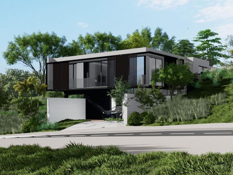 A modern architectural rendering of a contemporary residential property featuring clean lines, glass balconies, and integrated landscaping on a sloped site.