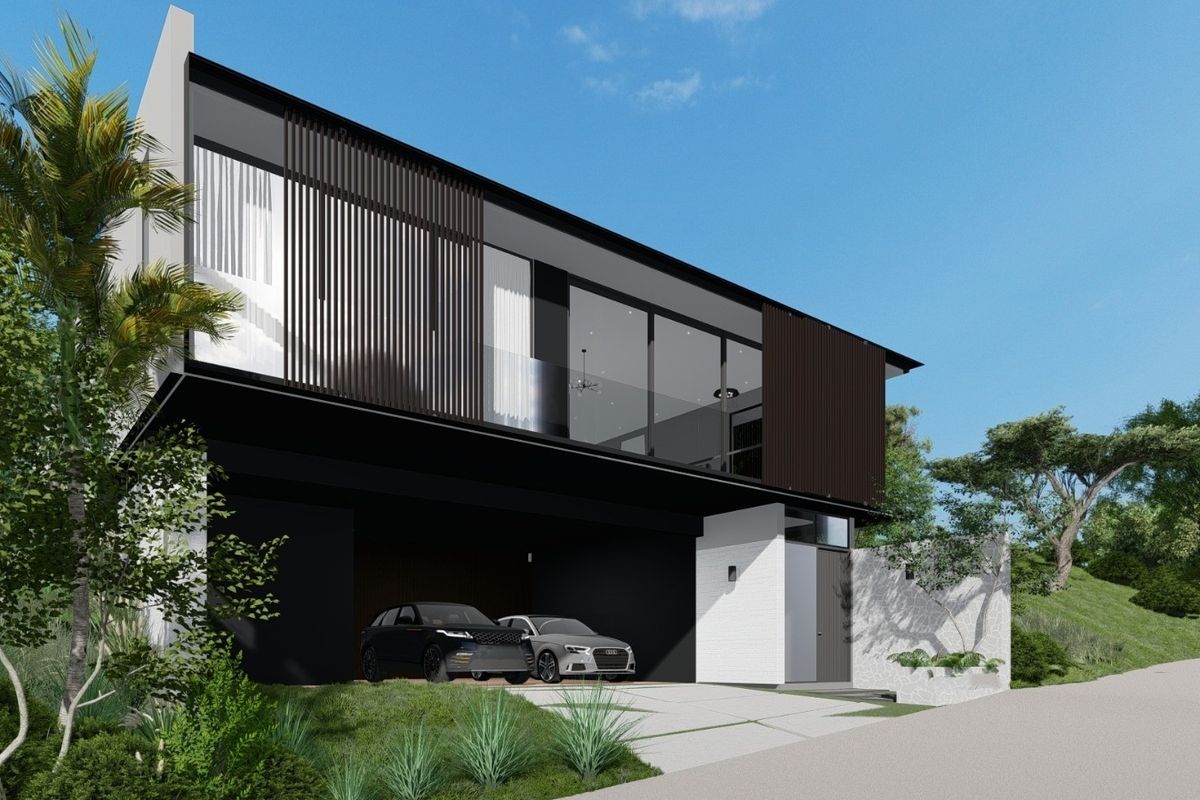 A modern architectural residential facade featuring clean lines, vertical timber screening, and an integrated garage on a landscaped plot.