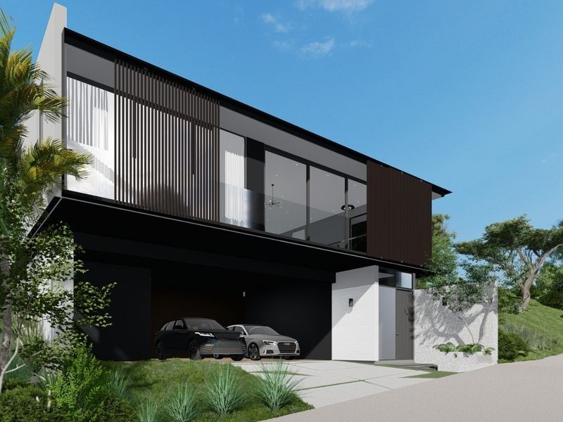 A modern architectural residential facade featuring clean lines, vertical timber screening, and an integrated garage on a landscaped plot.