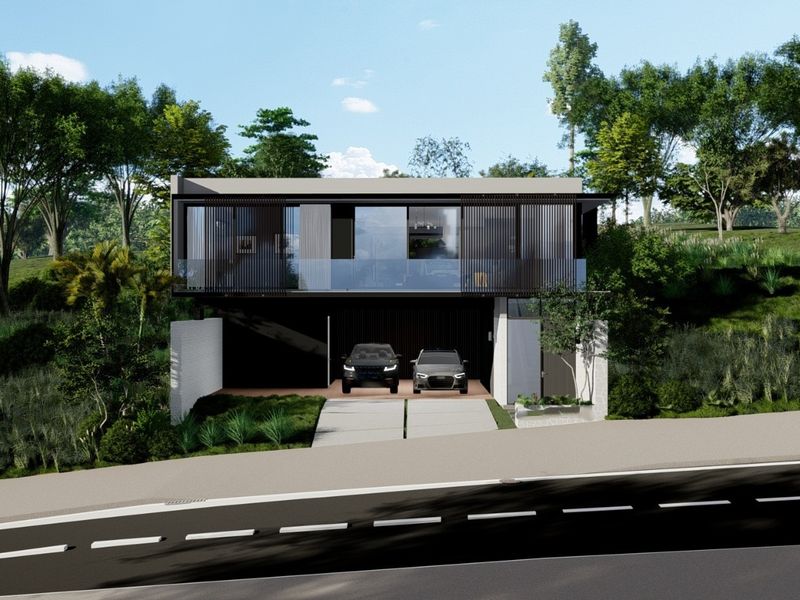 A modern two-story residential property featuring a sleek facade, glass balcony, and integrated double garage, set within a landscaped hillside environment.