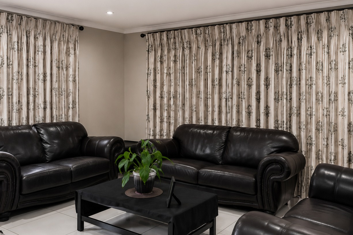 A well-maintained living room featuring neutral wall tones, tiled flooring, and floor-to-ceiling curtain treatments.